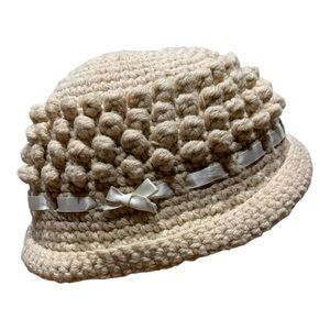 Women’s Cream Crochet Knit Hat with Ribbon Band